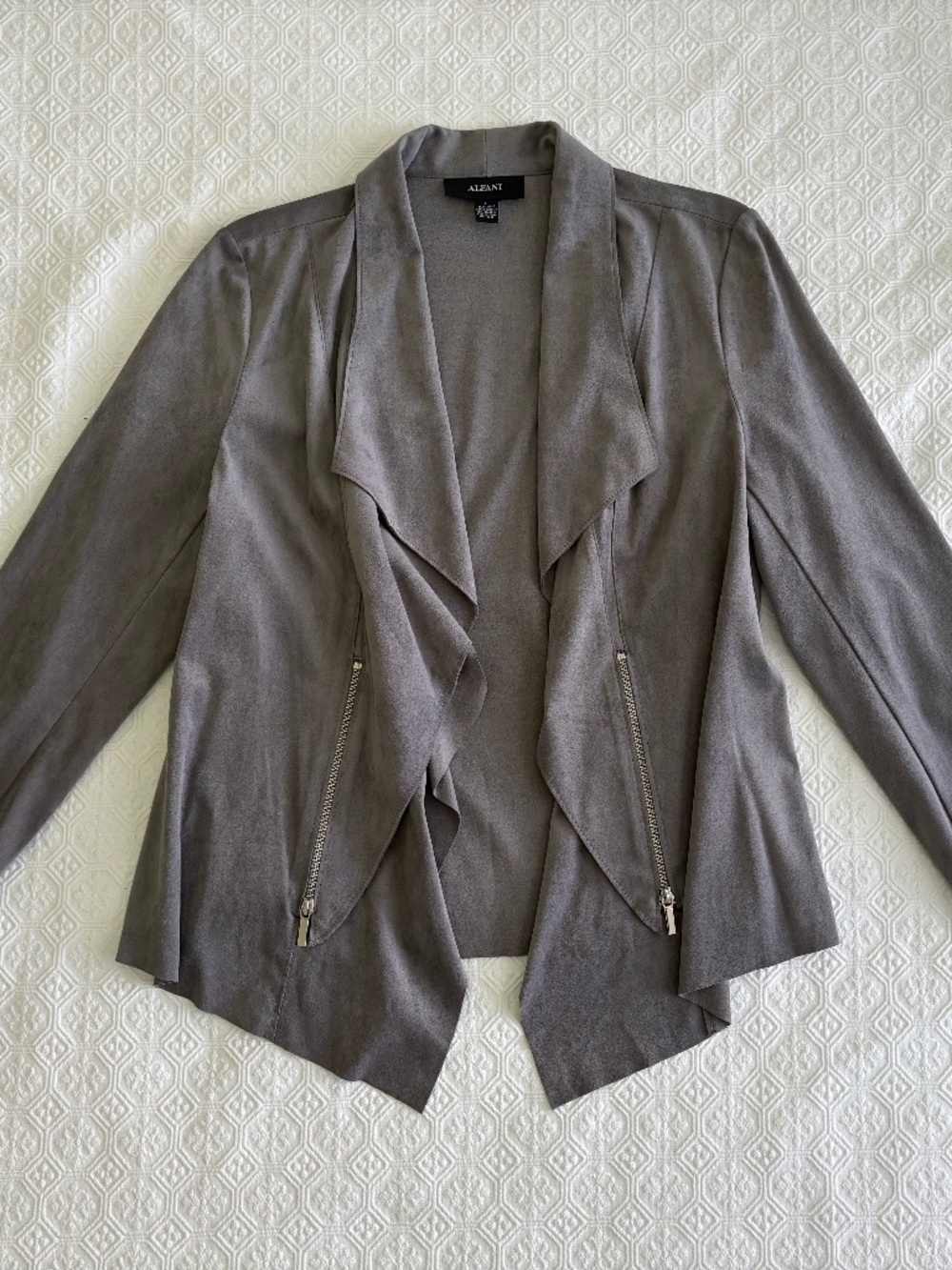 Alfani Faux Suede Draped Jacket Gray Large Silver Zip Stretch